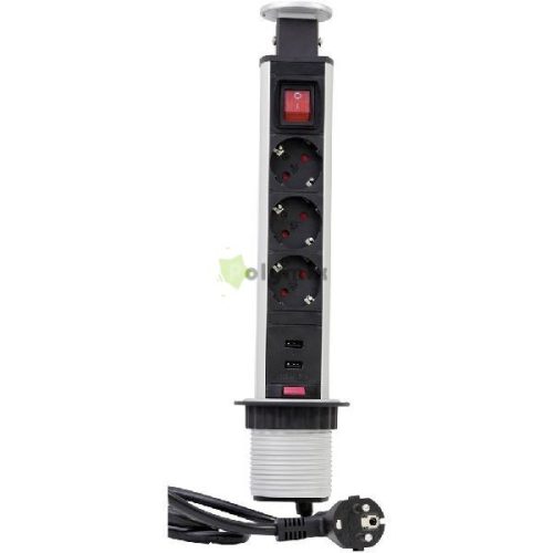Energiaoszlop asztali, süllyeszthető 3 dugalj+USB kapcs; 250V, 16A, 1.5m,IP20