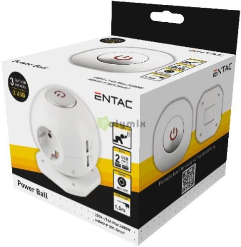Gömb elosztó 3 foglalattal, 2x2.1A USB-vel kapcsolóval 1.5m 3G1.5