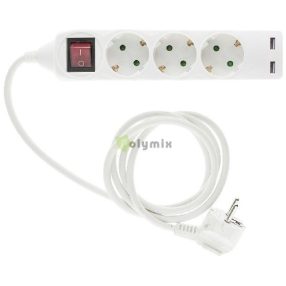 Elosztó 3 Foglalat Kapcsolóval 1,5m 3x1,5 2 USB