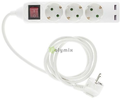Elosztó 3 Foglalat Kapcsolóval 1,5m 3x1,5 2 USB