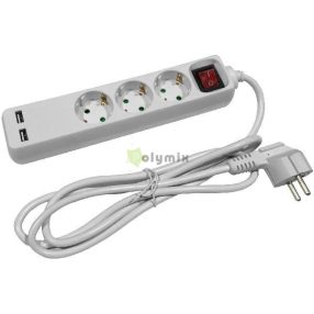 Elosztó 3 Foglalat Kapcsolóval 3m 3x1,5 2 USB