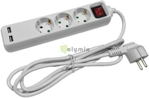 Elosztó 3 Foglalat Kapcsolóval 3m 3x1,5 2 USB