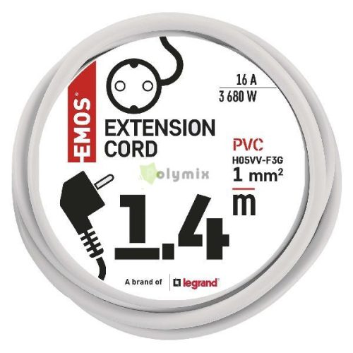 Hosszabbító 1,4 m  /  1 aljzat  /  fehér  /  PVC  /  1 mm2