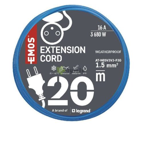 Fagyásálló hosszabbító kábel 20 m / 1 csatlakozó / kék / PVC / 230 V / 1,5 mm2