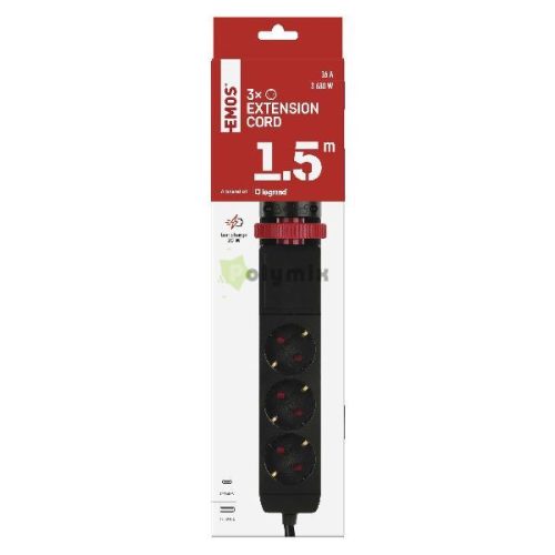 Hosszabbító kábel 1,5 m/3 aljzat/kapcsoló/asztalra szerelhető/USB/fekete/PVC/1,5 mm2 