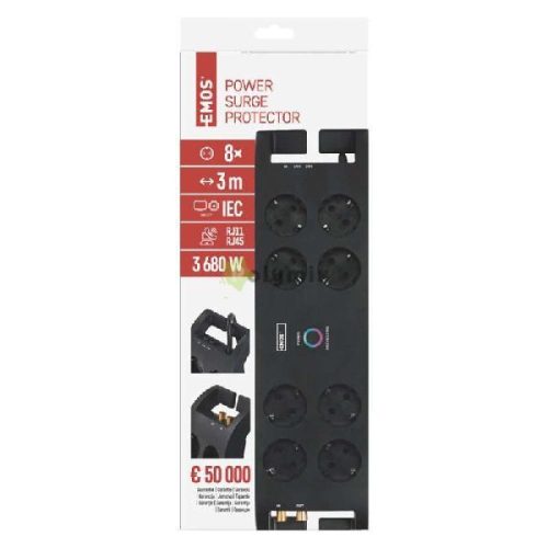 túlfeszültségvédő 8 aljzat 3m fekete 1800J 3x1,5mm2