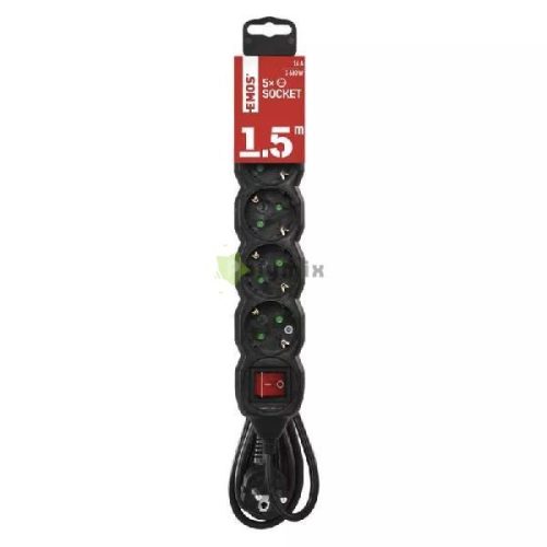 05K-1.5m 5 foglalatos 1.5m-es elosztó kapcsolóval fekete 3x1.5mm2