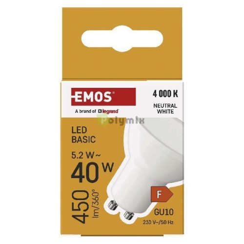 LED izzó Basic GU10 / 5,2 W (40 W) / 450 lm / Természetes fehér