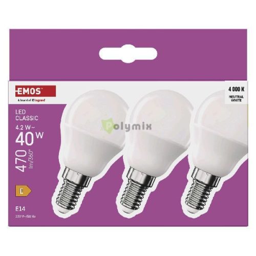LED izzó Classic Mini Globe / E14 / 4,2 W (40 W) / 470 lm / Természetes fehér