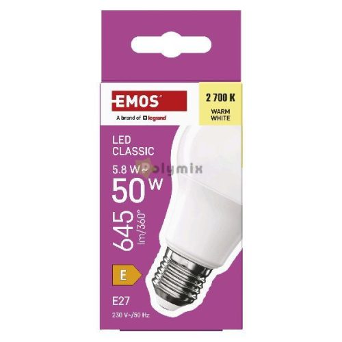 LED izzó Classic A60 / E27 / 5,8 W (50 W) / 645 lm / meleg fehér