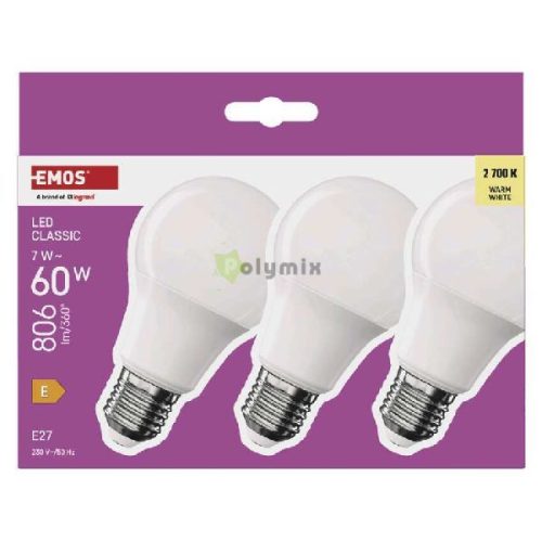 LED izzó Classic A60 / E27 / 7 W  (60 W) / 806 lm / Meleg fehér