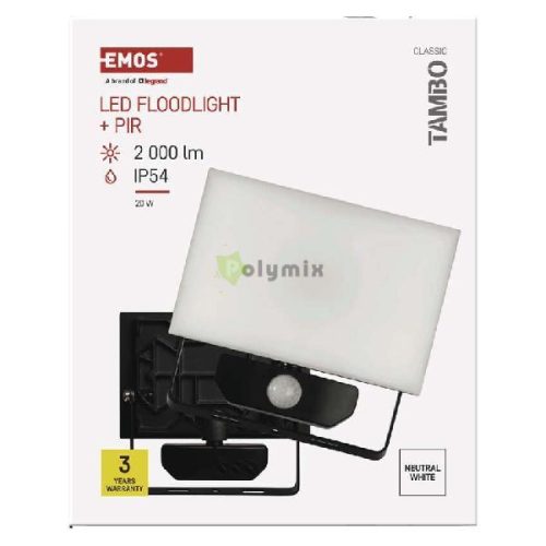 LED-es reflektor TAMBO mozgásérzékelővel, 20 W, 2000 lm, fekete