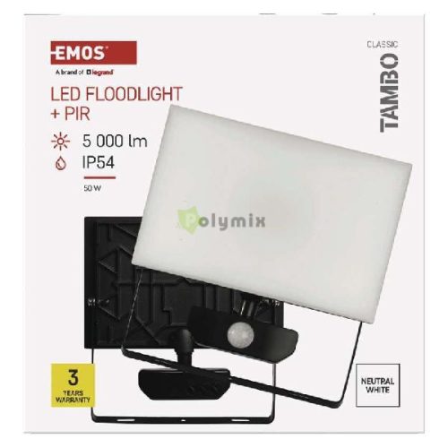 LED-es reflektor TAMBO mozgásérzékelővel, 50 W, 5000 lm, fekete
